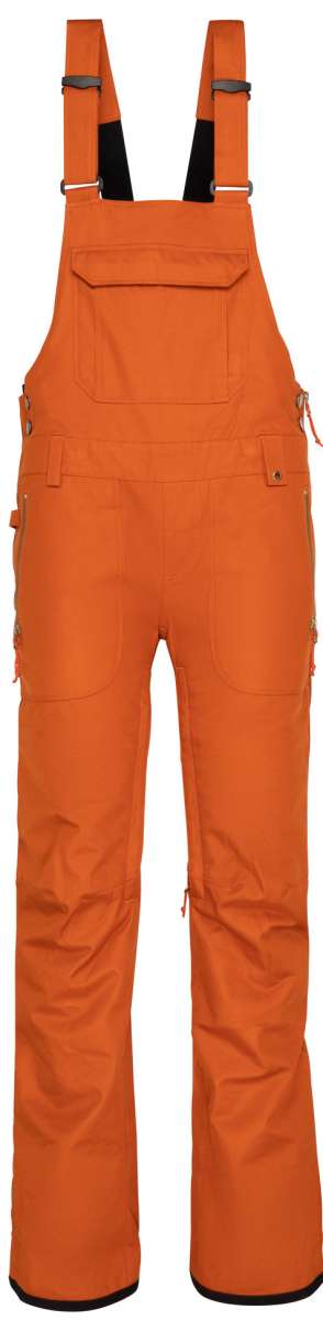 The 686 Ladies Black Magic Insulated Bib 2022 is showcased in black with an insulated hood and multiple zippered pockets.