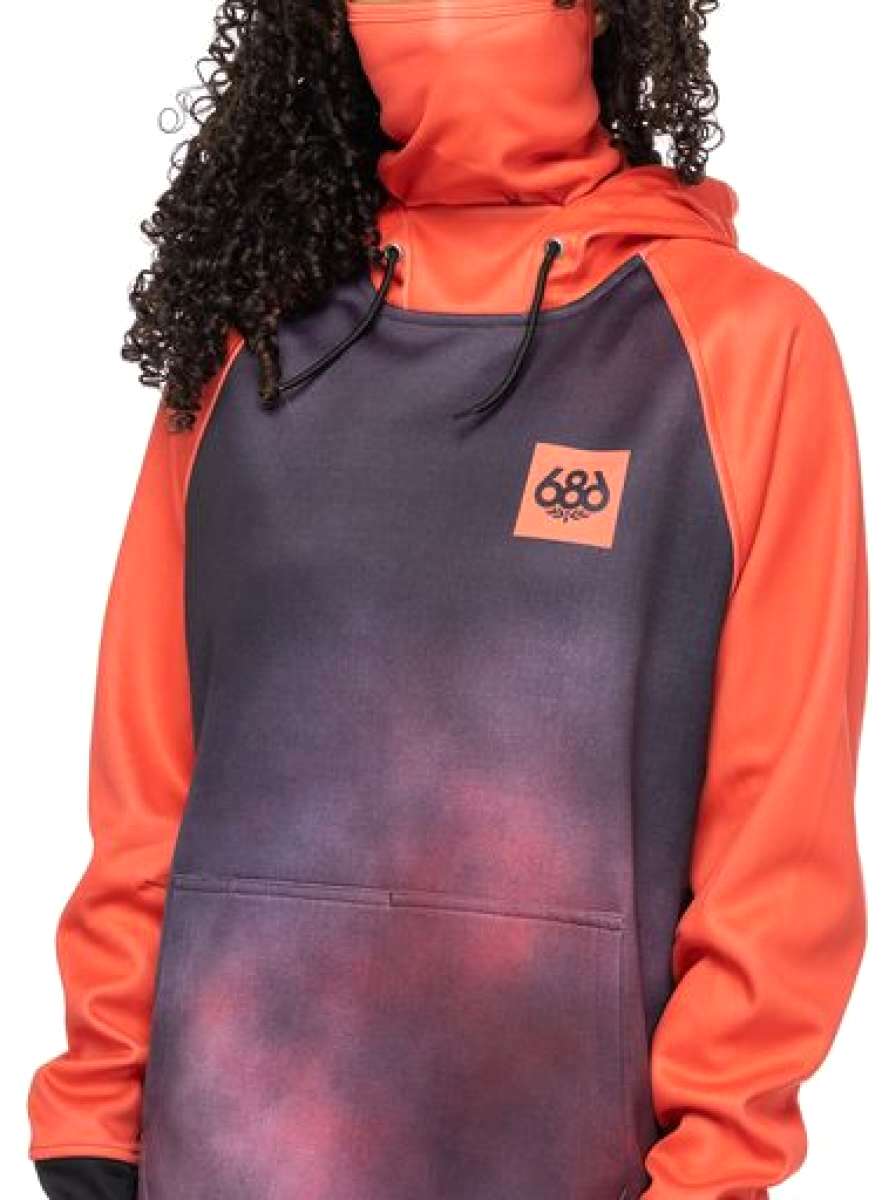 The 686 Ladies Bonded Fleece Pullover Hoodie 2023 in this front view features a dark grey body with orange sleeves and an orange hood.