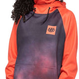 The 686 Ladies Bonded Fleece Pullover Hoodie 2023 in this front view features a dark grey body with orange sleeves and an orange hood.