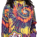 The 686 Ladies Bonded Fleece Pull-Over Hoodie features a vibrant purple, orange, yellow, and green tie-dye design with an insulated hood.