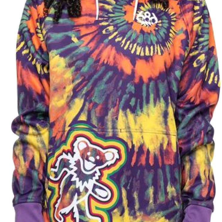 The 686 Ladies Bonded Fleece Pull Over Hoodie 2023 features an orange and purple tie-dye design with a white bear logo.