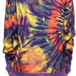 The 686 ladies bonded fleece pull over hoodie has an orange and yellow tie-dye pattern with purple accents.