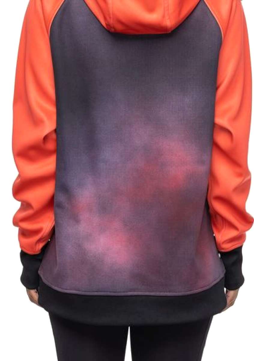 The 686 Ladies Bonded Fleece Pull Over Hoodie 2023 has an ombre purple front with a hood and orange sleeves.