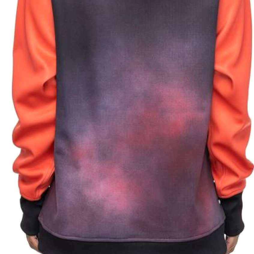 The 686 Ladies Bonded Fleece Pull Over Hoodie 2023 has an ombre purple front with a hood and orange sleeves.