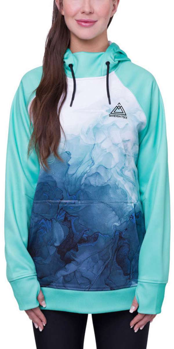 The 686 Women's Bonded Fleece Pullover Hoodie 2024 has a white and teal color scheme with an insulated hood.
