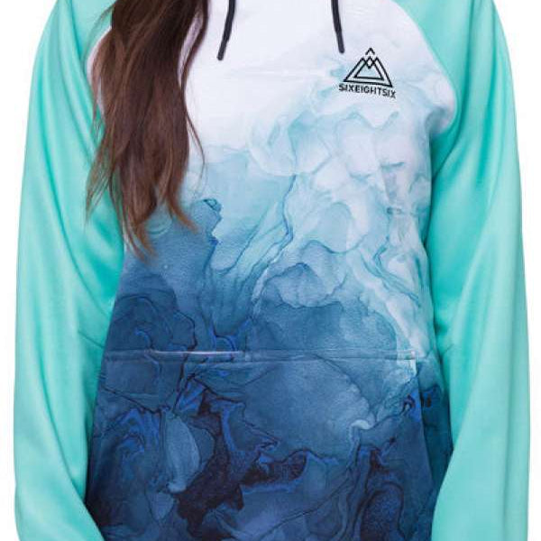 The 686 Women's Bonded Fleece Pullover Hoodie 2024 has a white and teal color scheme with an insulated hood.