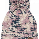 The 686 Ladies Chunky Rib Cuffed Beanie 2024 is predominantly pink and white with dark blue accents, featuring a chunky knit pattern and a cuffed hem.