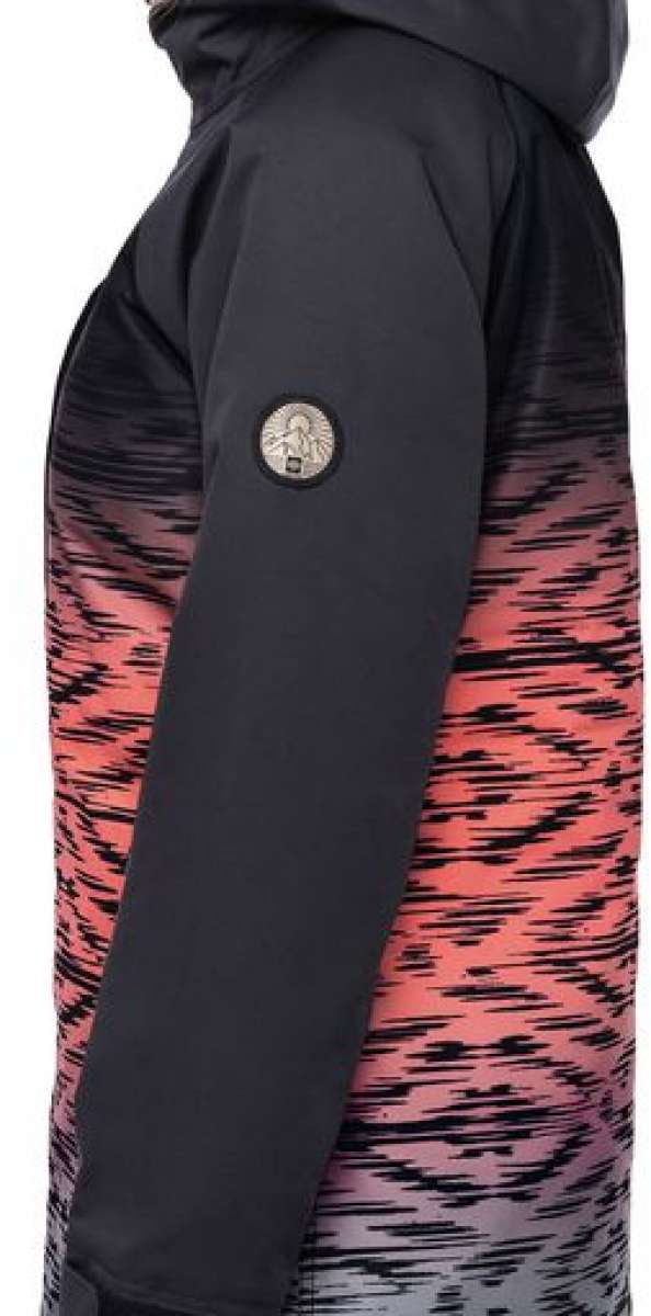 The 686 Dream Insulated Jacket for women has an ombre-style pink and black pattern on the side view.