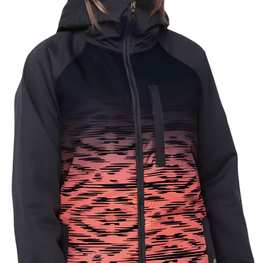 The 686 Women's Dream Insulated Jacket 2023 has an ombre effect that transitions from black at the top to a reddish-pink hue at the bottom.