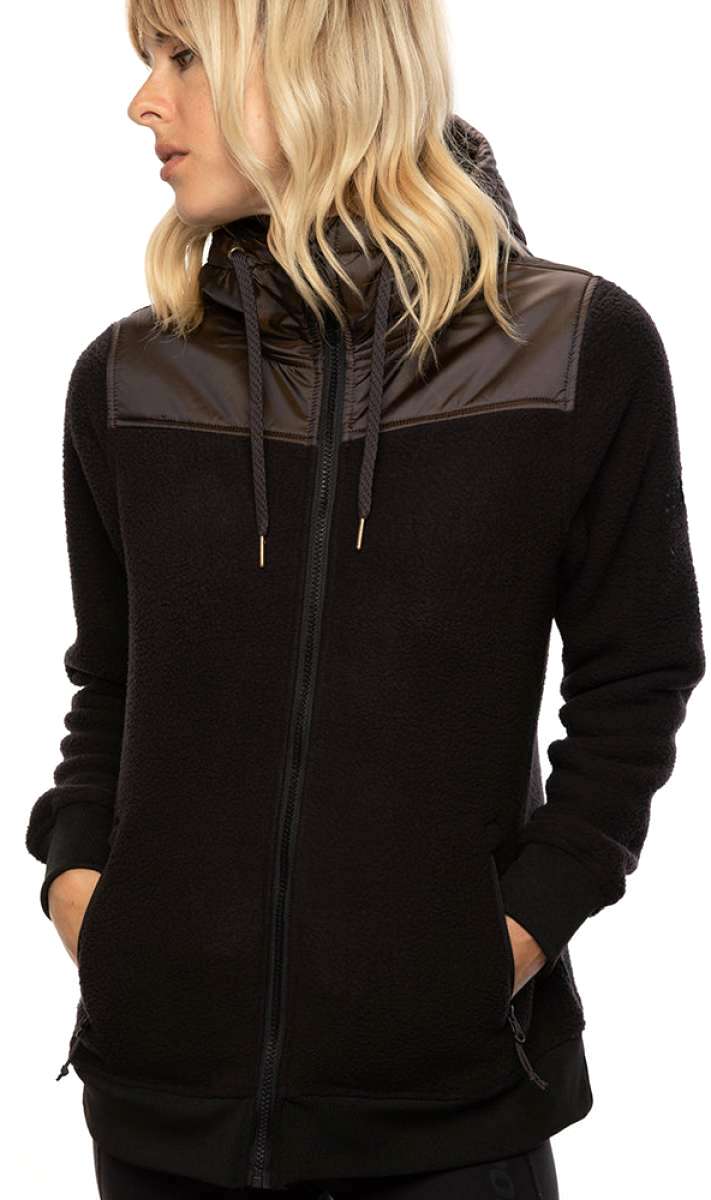 The 686 Women's Flo Fleece Jacket 2020-2021 features a black color with an insulated hood.