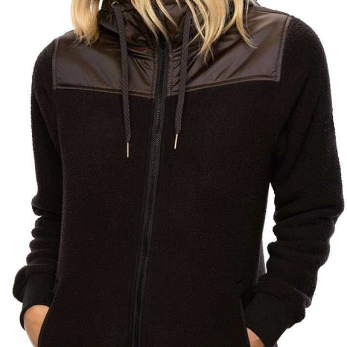 The 686 Women's Flo Fleece Jacket 2020-2021 features a black color with an insulated hood.
