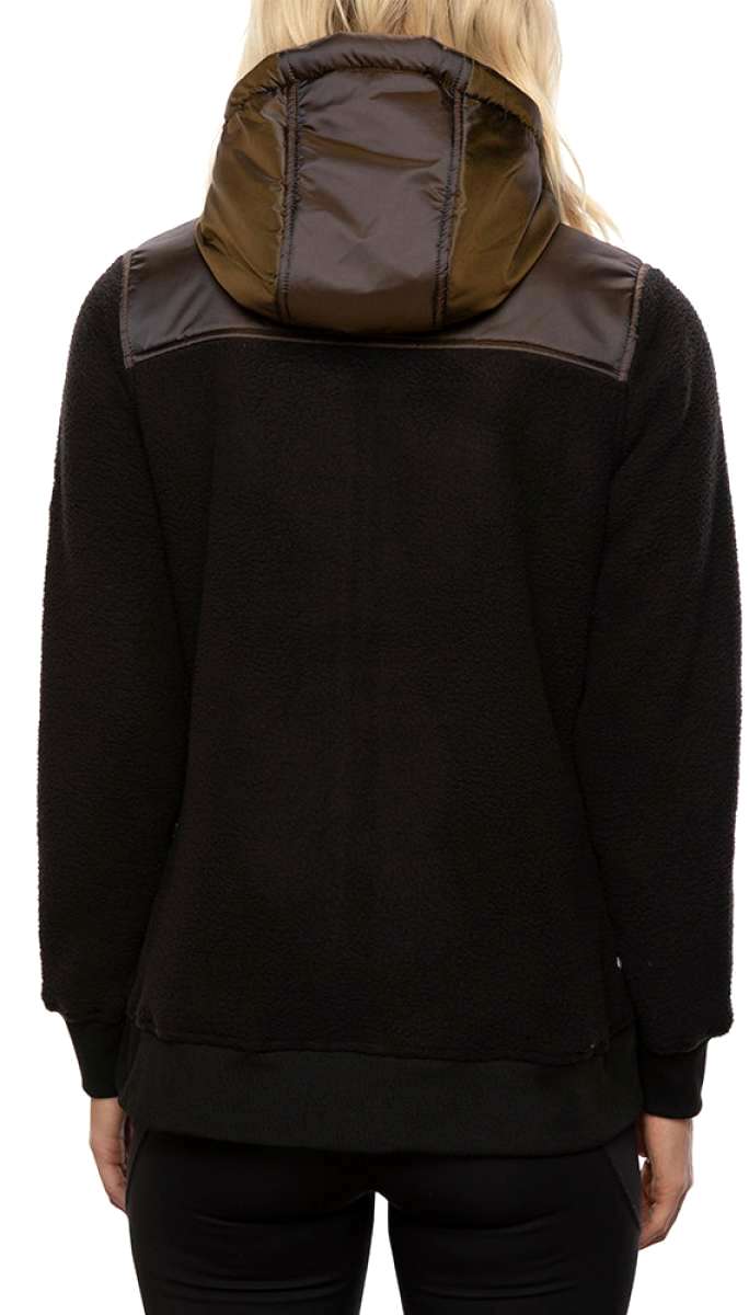 The 686 Women's Flo Fleece Jacket 2020-2021 is shown from the back in black with a brown hood.