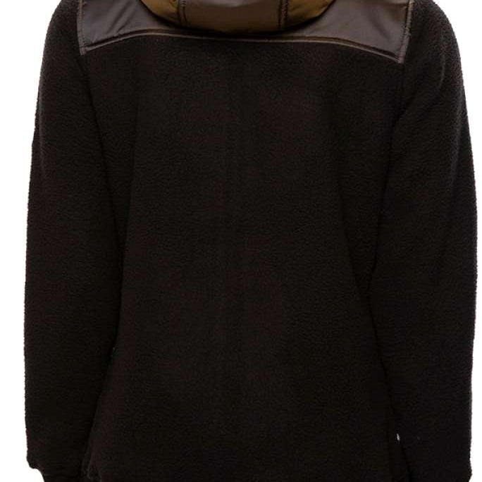 The 686 Women's Flo Fleece Jacket 2020-2021 is shown from the back in black with a brown hood.