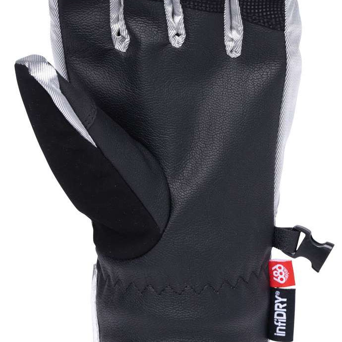 The 686 Ladies Fortune Glove 2023 in black has a silver trim and a red snap button closure.