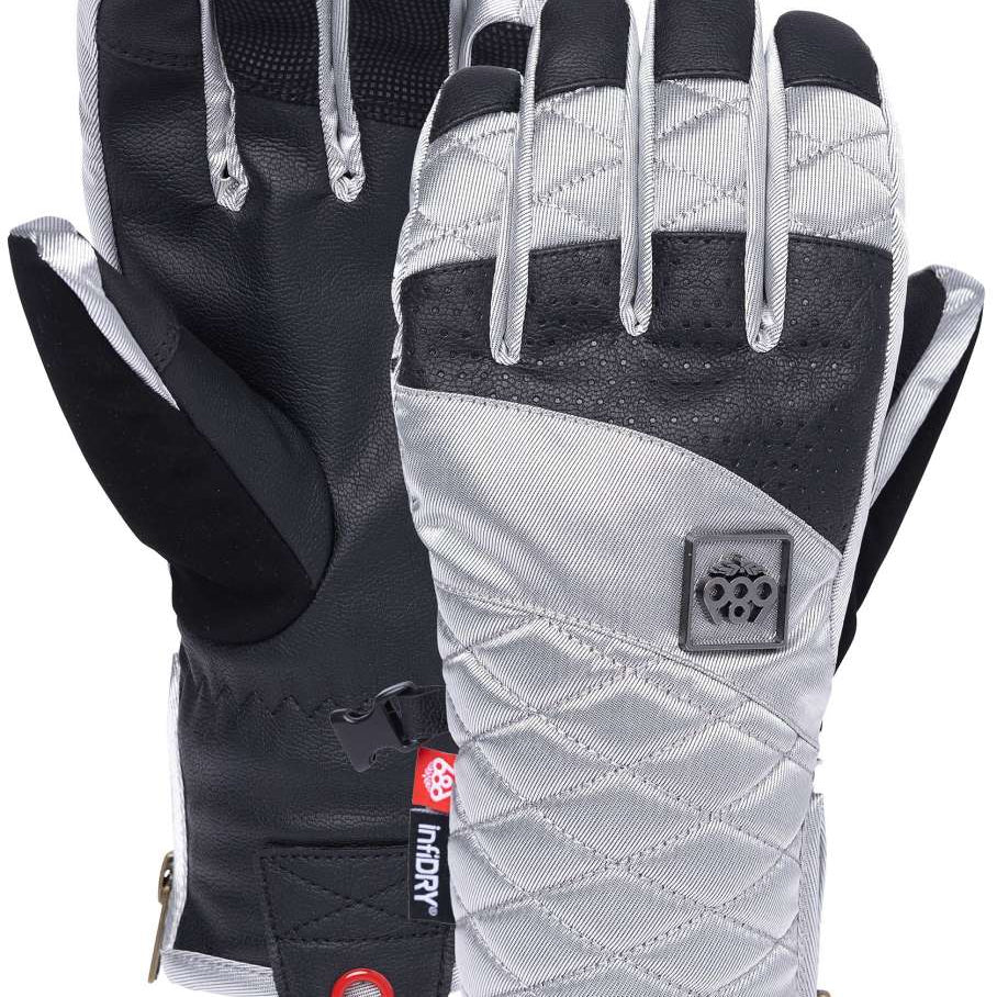 The 686 Ladies Fortune Glove 2023 is predominantly black with silver accents and a quilted pattern on the back.