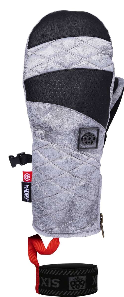 The 686 Ladies Fortune Mitten 2023 has a light grey quilted pattern with black accents and a black leather-like material on the palm.