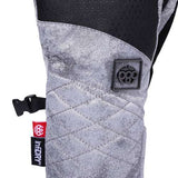 The 686 Ladies Fortune Mitten 2023 has a light grey quilted pattern with black accents and a black leather-like material on the palm.
