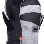 The 686 Fortune mitten in the front view showcases a striking black and grey color scheme with a quilted pattern on the back, complemented by a black BOA dial.