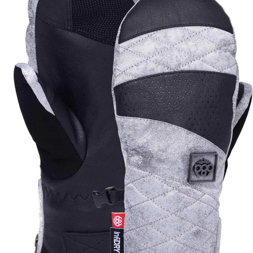The 686 Fortune mitten in the front view showcases a striking black and grey color scheme with a quilted pattern on the back, complemented by a black BOA dial.