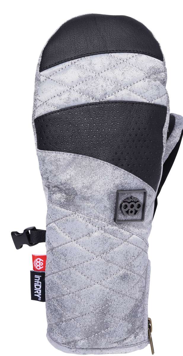 The 686 Ladies Fortune Mittens are gray with black accents and a quilted pattern on the palm side.