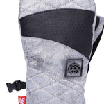 The 686 Ladies Fortune Mittens are gray with black accents and a quilted pattern on the palm side.
