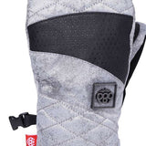 The 686 Ladies Fortune Mittens are gray with black accents and a quilted pattern on the palm side.