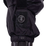 The 686 Women's Geode Thermagraph Bib 2023 is black with a red stripe on the side and has a zippered leg.