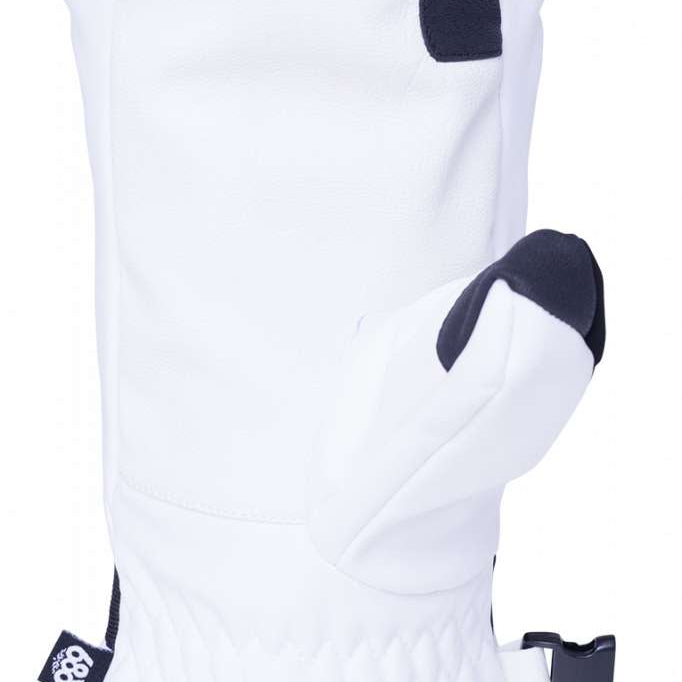 The 686 Women's GORE-TEX Linear Mittens 2024 are white with black accents and a BOA dial on the wrist.