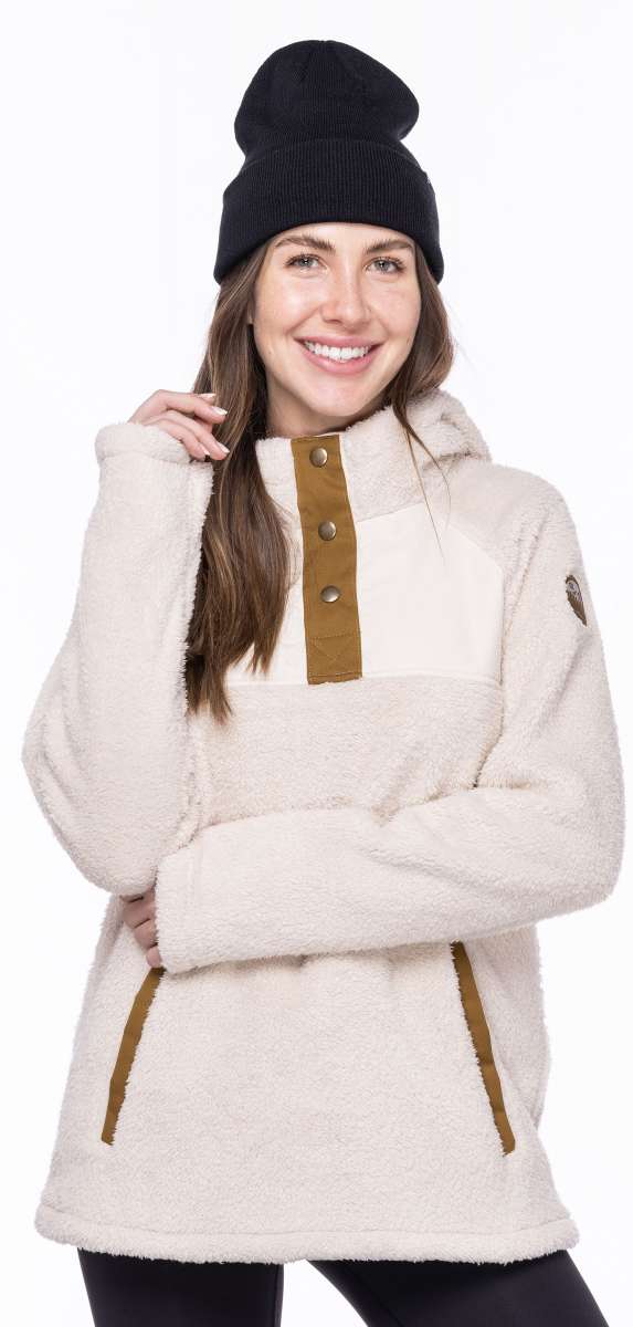 The 686 Ladies Hemlock Fleece Hoodie 2023 is cream-colored with an insulated hood and brown accents.