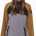 The 686 Ladies Hemlock Fleece Hoodie has an insulated hood and is primarily tan with black accents.
