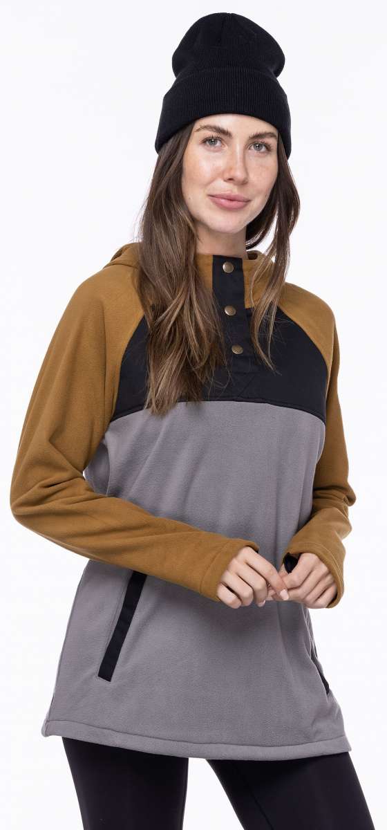 The 686 Ladies Hemlock Fleece Hoodie in black and brown has an insulated hood with a drawstring.