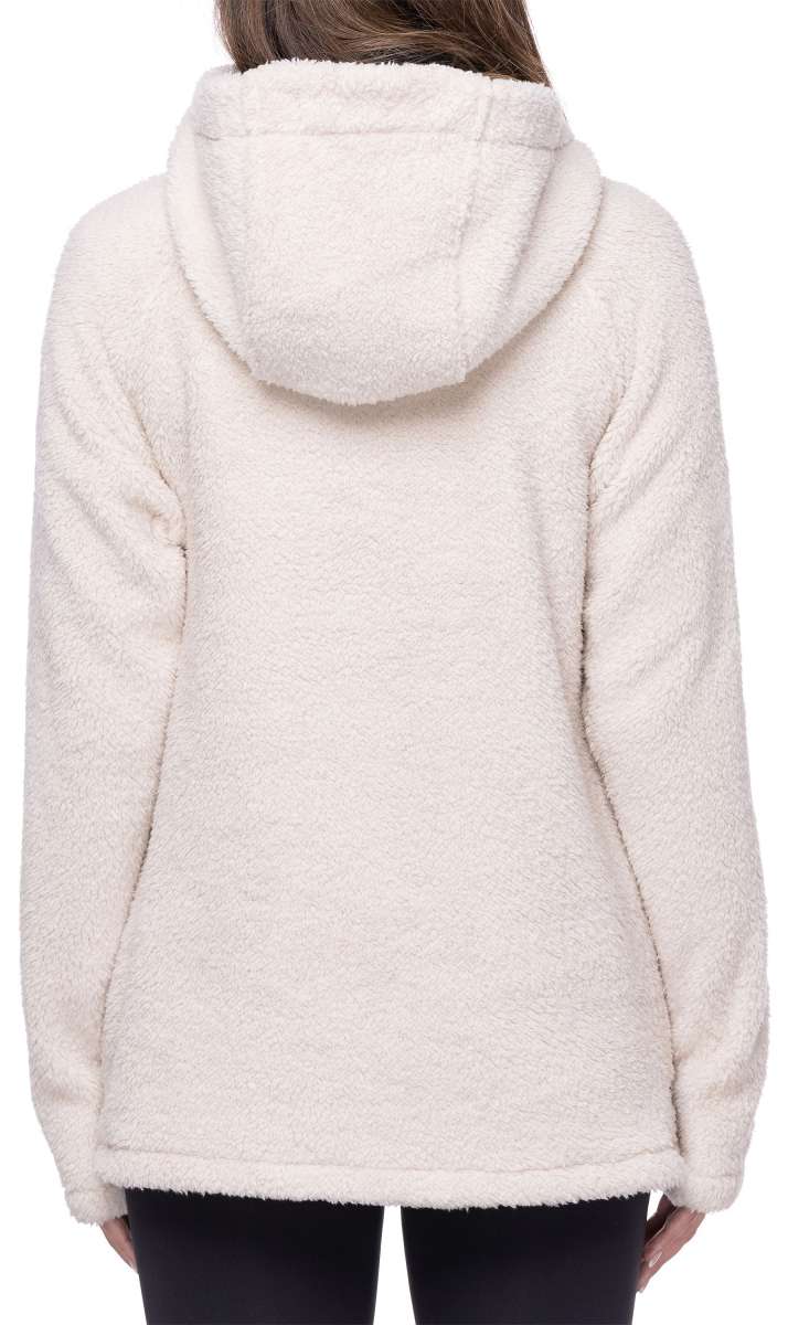 The 686 Ladies Hemlock Fleece Hoodie 2023 is depicted in off-white with an oversized hood and a relaxed fit.