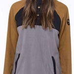 The 686 Ladies Hemlock Fleece Hoodie 2023 is primarily tan with black accents and has an insulated hood.