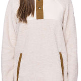 The 686 Ladies Hemlock Fleece Hoodie 2023 in off-white features an insulated hood and a front pouch pocket with tan accents.