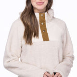 The 686 Ladies Hemlock Fleece Hoodie 2023 is cream-colored with brown accents and a front view.