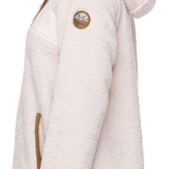 The 686 Ladies Hemlock Fleece Hoodie 2023 is white with an insulated hood and a gold zipper.