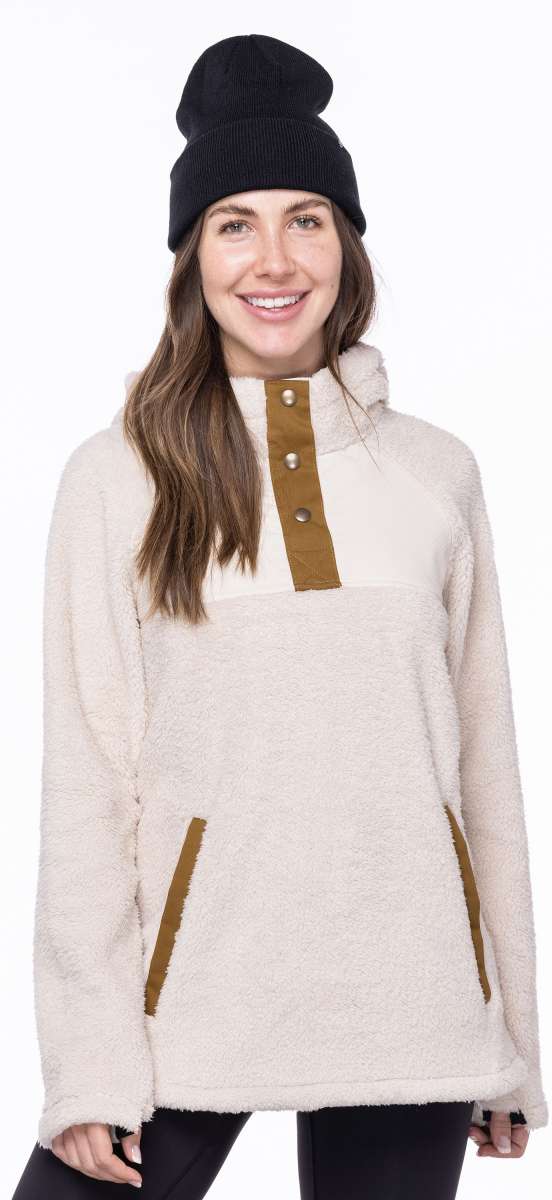 The 686 Ladies Hemlock Fleece Hoodie 2023 has an off-white body with brown accents and a hood.