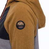 The 686 Ladies Hemlock Fleece Hoodie 2023 in tan features an insulated hood and a zippered chest pocket.