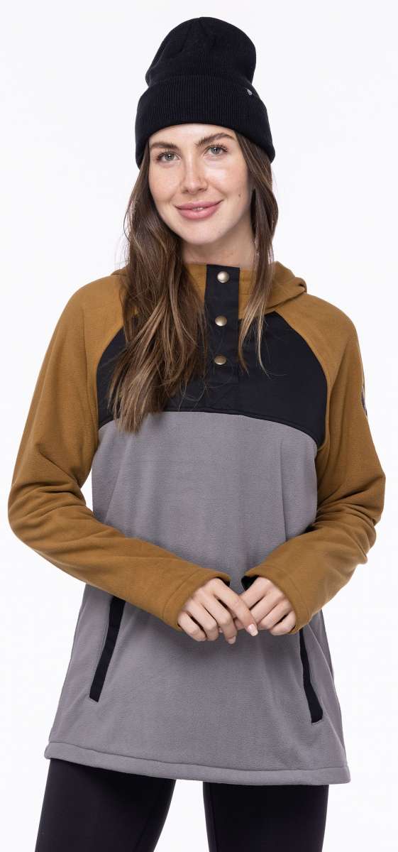 The 686 Ladies Hemlock Fleece Hoodie in grey and tan has an insulated hood.