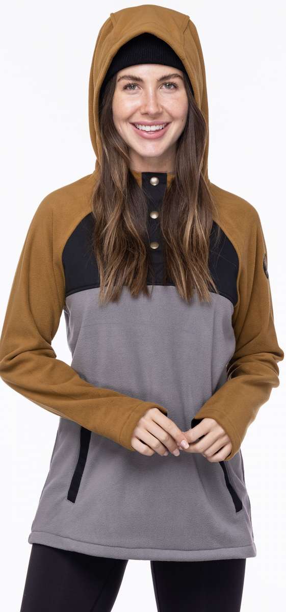 The 686 Ladies Hemlock Fleece Hoodie 2023 is gray with tan sleeves and a hood.