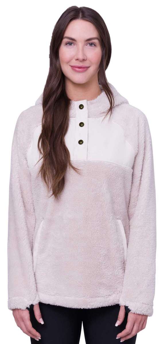 The 686 Women's Hemlock Fleece Hoodie 2024 features a light pink color with an insulated hood and three black buttons down the front.