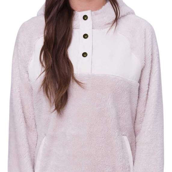 The 686 Women's Hemlock Fleece Hoodie 2024 features a light pink color with an insulated hood and three black buttons down the front.