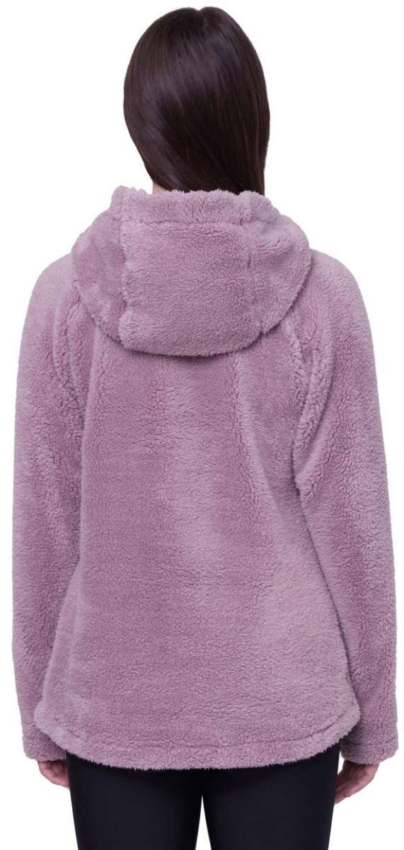 The 686 Women's Hemlock Fleece Hoodie 2024 is depicted in a dusty rose hue from both front and back views.