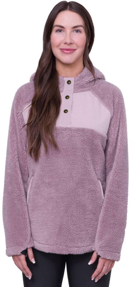 The 686 Women's Hemlock Fleece Hoodie 2024 is primarily mauve with a lighter-colored panel across the chest.
