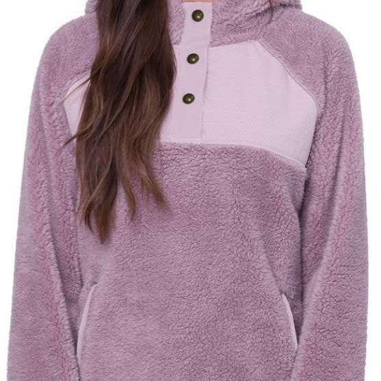 The 686 Women's Hemlock Fleece Hoodie 2024 is primarily mauve with a lighter-colored panel across the chest.