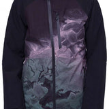 The 686 Women's Hydra Insulated Jacket 2024 is primarily black with a purple graphic design on the front and back.