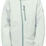The 686 Women's Hydra Insulated Jacket 2024 is primarily white with a green zipper and accents on the hood and cuffs.