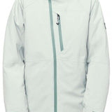 The 686 Women's Hydra Insulated Jacket 2024 is primarily white with a green zipper and accents on the hood and cuffs.