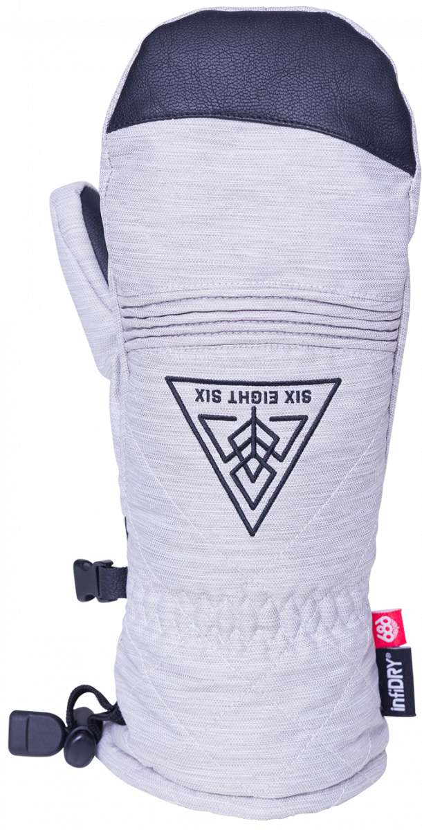 The 686 Women's Jubilee Mitten 2024 in front view has a white exterior with black accents and a gray faux fur lining.