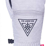 The 686 Women's Jubilee Mitten 2024 in front view has a white exterior with black accents and a gray faux fur lining.